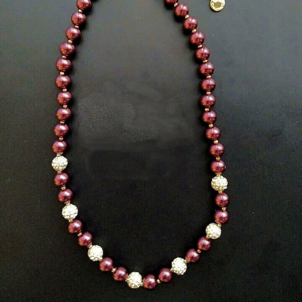 Necklace Charter Club Burgundy Red Faux Pearl Gold + Crystals 17-19" NWT M331